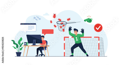 Cybersecurity concept with a goalkeeper protecting a net from digital bugs while a developer works on a computer, symbolizing protection.