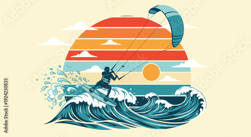 Kitesurfer skillfully rides a large blue ocean wave against a beautiful retro striped sunset in a dynamic vector illustration.
