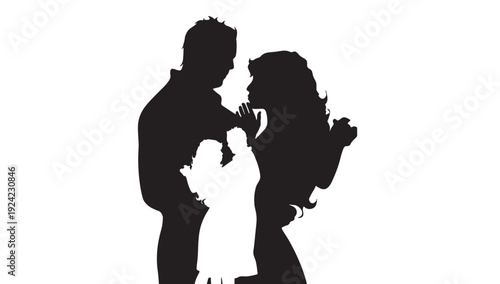Couple romantic silhouette with man and woman facing each other, intimate love scene, black cutout style isolated on white background, valentines and relationship concept