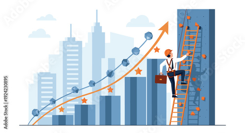 Ambitious businessman in a helmet climbs a corporate ladder towards success, paralleling a rising financial growth chart.