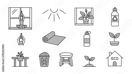 Eco-conscious Icons Collection: A curated set of vector icons, embodying elements of sustainability, well-being, and eco-friendliness, perfect for illustrating environmentally-conscious themes.