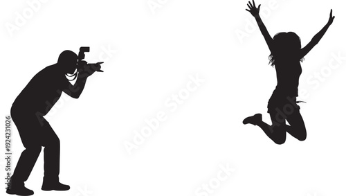 Photographer silhouette taking picture of jumping woman model with camera and flash, isolated black shapes on white background, creative photoshoot concept