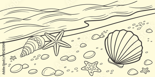 A whimsical illustration captures the essence of a summer beach scene, complete with seashells, starfish, and smooth pebbles scattered along the shoreline as gentle waves recede