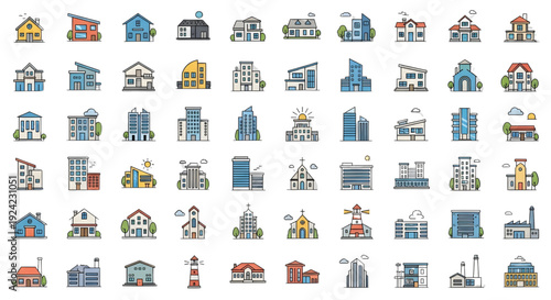 House and Building Icon Set – Modern Architecture Line Icons for Real Estate, Construction, Urban Design