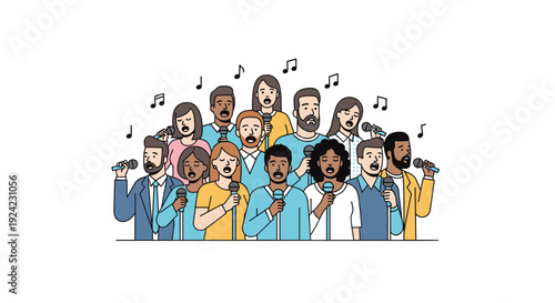 A diverse group of men and women singing into microphones in a choir arrangement with musical notes floating above them in a flat line-art style.