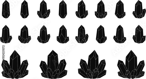 Crystal formation illustration, geometric growth sequence cluster design decorative vector artwork, education and nature theme, isolated background