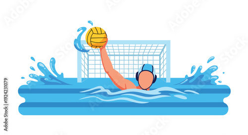 Water polo player emerges from the splashing water with an arm raised, aiming to throw the yellow ball into the goal net.