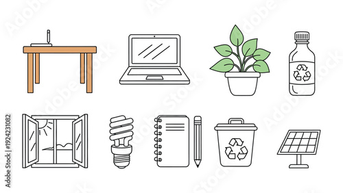 Eco-Friendly Icons: A collection of environmentally conscious icons showcases sustainable living, featuring a laptop on a desk, potted plant, reusable bottle, open window, energy-efficient lightbulb.