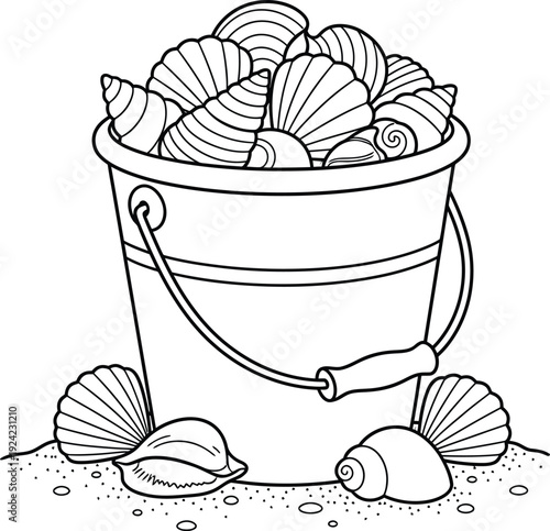 A detailed line art illustration of a bucket overflowing with seashells, resting on a sandy beach with more shells scattered around