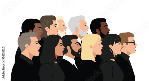 A profile view illustration of a diverse group of people in formal black clothing singing together with their mouths open against a white background.