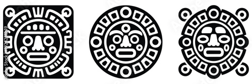 Set of Ancient Mayan art and civilisation silhouette icons, flat vector illustrations for historical design, representing culture, architecture, symbols, heritage, archaeology, and professional 