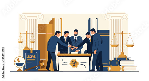 Team of professional lawyers in suits shakes hands over a desk, symbolizing a legal agreement or partnership with scales of justice and law books.