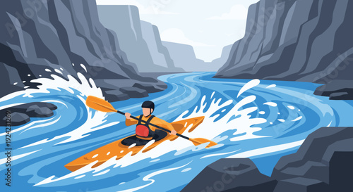 Adventurous person wearing a helmet and life vest expertly paddles an orange kayak through exciting whitewater rapids in a rugged, rocky canyon.