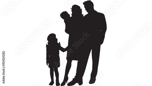Family silhouette with mother holding baby, father standing beside, and little daughter holding hands, black cutout style isolated on white background