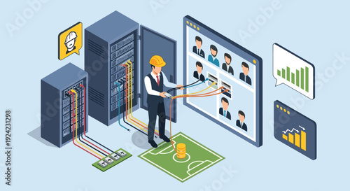 Isometric illustration of a network engineer in a hard hat managing server racks and data connections for an online sports or gaming platform.
