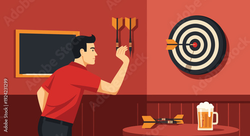 Man aims and throws a dart at a dartboard in a cozy pub, with another dart perfectly hitting the bullseye and a frothy mug of beer on the table.