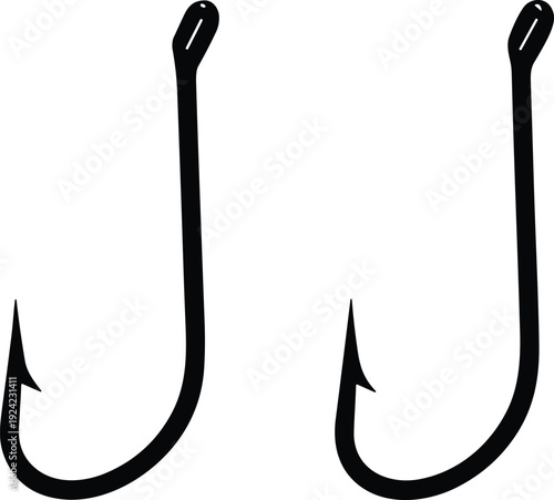 Black fishing hook silhouette icon set isolated on white background, simple angling equipment illustration, minimalist tackle symbol for marine sport and seafood industry design
