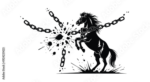Powerful black horse rears up and breaks heavy chains in a dynamic illustration, symbolizing freedom, liberation, strength, and overcoming oppression or restrictions.