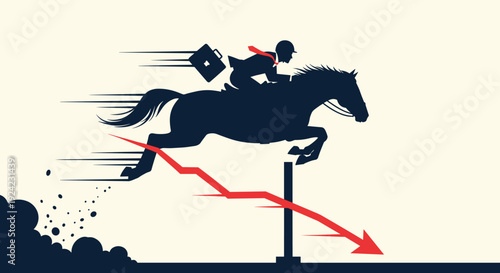 Businessman in a suit riding a horse jumps over a hurdle made from a downward financial chart, symbolizing overcoming economic crisis and business challenges.