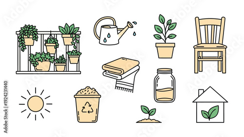 Cozy Balcony Collection: A charming illustration showcases various elements to create a relaxing balcony setting, including potted plants, a watering can, towel, jar, trash can, and sun.