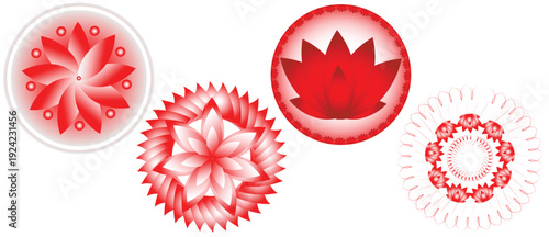 Red floral mandala ornament round decorative set,
Abstract circular flower mandala gradient vector,
Traditional ornamental lotus mandala badge design