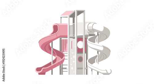 A minimalist 3D illustration of a modern playground tower featuring two large spiral slides in pink and white colors attached to a grey central structure.