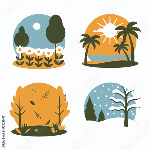 Four Seasons Landscape Icons vector illustration