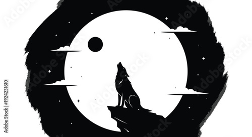 Mystical scene depicts a wolf howling in silhouette against a giant full moon, framed by a dark, artistic brush stroke.