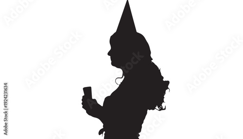 Witch silhouette using smartphone with pointed hat and flowing hair, illustration featuring mobile phone, technology, magic with wizard and black elements for white, fantasy projects, clean