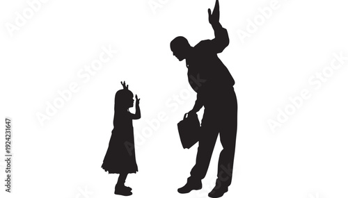 Silhouettes father and daughter greeting with raised hands, dad holding briefcase, family reunion concept, parenting love, isolated black figures on white