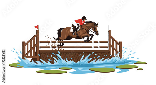 Dynamic vector illustration captures the excitement of equestrian show jumping as a rider and horse clear a water obstacle.