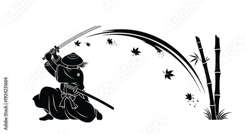 Silhouette of a samurai warrior in a dynamic pose swinging a katana sword to cut through bamboo under falling maple leaves.