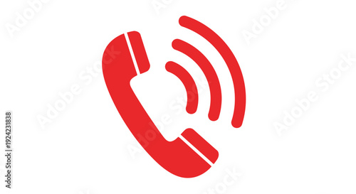 Red telephone handset icon with sound waves isolated on a white background
