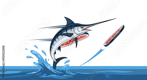 Surreal and imaginative illustration of a powerful blue marlin jumping from the ocean, cleverly depicted with a juicy red watermelon interior instead of flesh.