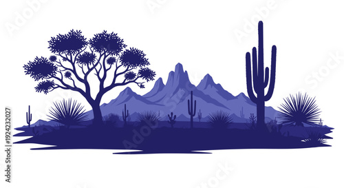 Desert landscape with mountains and cacti illustration in blue colors on white background for various designs