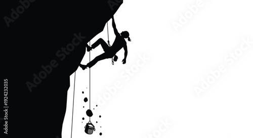 Dynamic silhouette of a rock climber scaling a steep cliff face, capturing a moment of intensity as their chalk bag and loose rocks begin to fall below them.