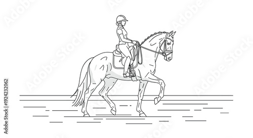 Elegant black and white line art illustration of a female equestrian rider in formal attire, skillfully guiding her graceful horse through a dressage movement.