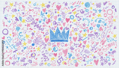 Vibrant Crown Surrounded by Colorful Icons and Symbols on White Background.