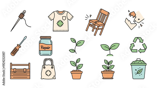 Repair and Reuse Icon: A collection of icons representing repair, reuse, and sustainable living, featuring a needle and thread, a patched t-shirt, a broken chair, a broken paper, a screwdriver, a jar.