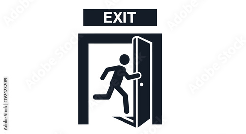 Black silhouette of a person running toward an open exit door sign