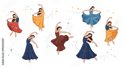 Seven women in flowing dresses of various colors are gracefully dancing with arms raised and skirts swirling, surrounded by sparkling elements on a clean white background.