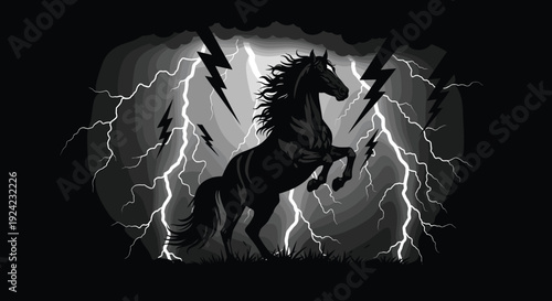 Majestic black horse rears up powerfully against a dark and stormy night sky, dramatically silhouetted by brilliant flashes of white lightning around it.