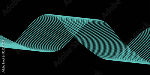 Smooth neon sound wave on black background. Abstract flowing wavy lines design for ai concept, eq equalizer, audio record, voice assistant. Blue pink orange purple gradient stripe wallpaper.