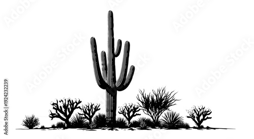 Desert plants with saguaro cactus and shrubby vegetation monochrome illustration isolated on white