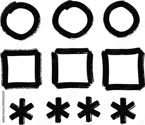 Hand Drawn Circles, Squares, and Asterisks on White