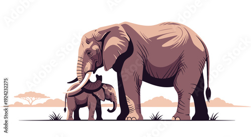 Loving mother elephant stands protectively over her small calf in a stylized illustration of African wildlife against a clean white background.