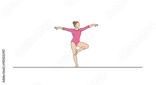 Elegant female gymnast in a pink leotard demonstrates perfect balance and poise, standing on one leg with arms outstretched in a graceful artistic pose.