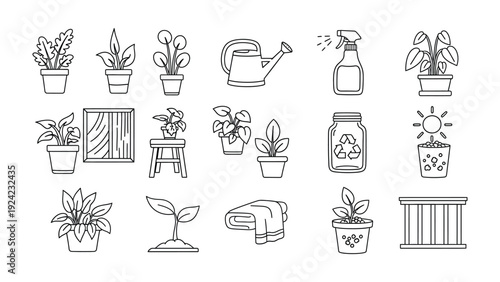 Nurturing Garden Elements: A collection of meticulously drawn elements, including potted plants, watering cans, and spray bottles.