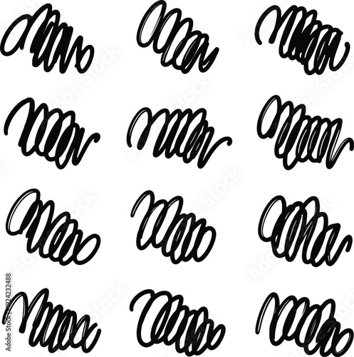 Black Scribble and Swirl Brush Strokes on White Background