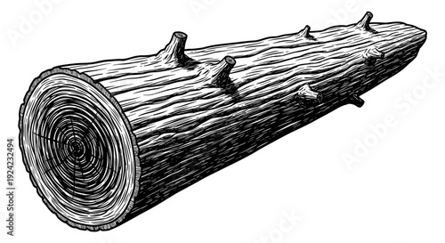 Detailed drawing of a cut log showing annual rings, representing nature, forestry, or woodworking material